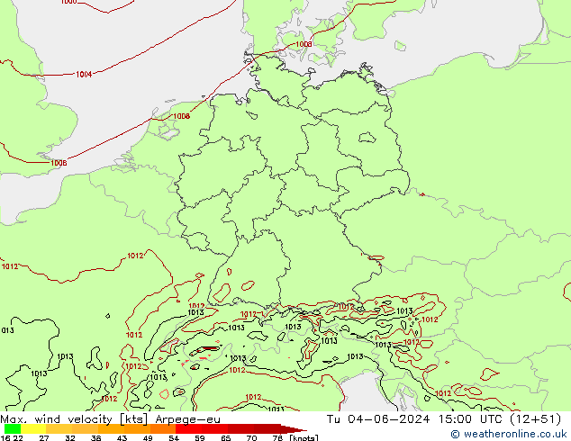 Max. wind velocity Arpege-eu Tu 04.06.2024 15 UTC