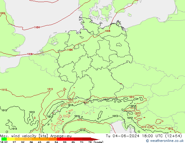 Max. wind velocity Arpege-eu  04.06.2024 18 UTC