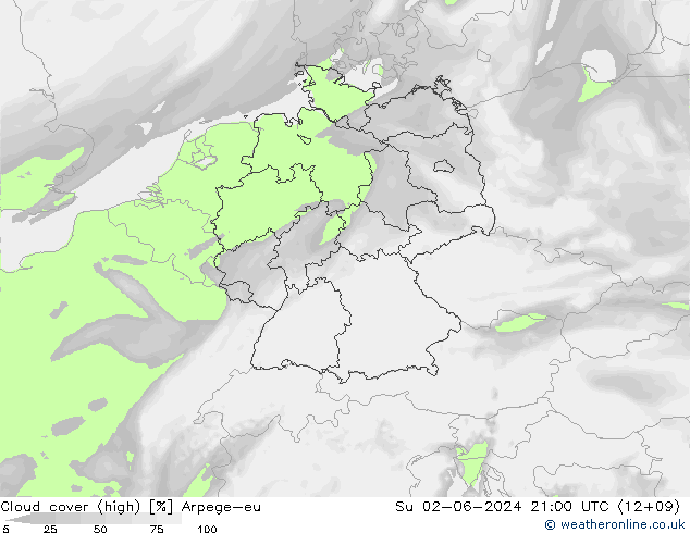 Cloud cover (high) Arpege-eu Su 02.06.2024 21 UTC