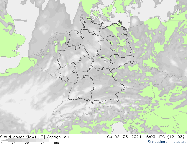 Cloud cover (low) Arpege-eu Su 02.06.2024 15 UTC