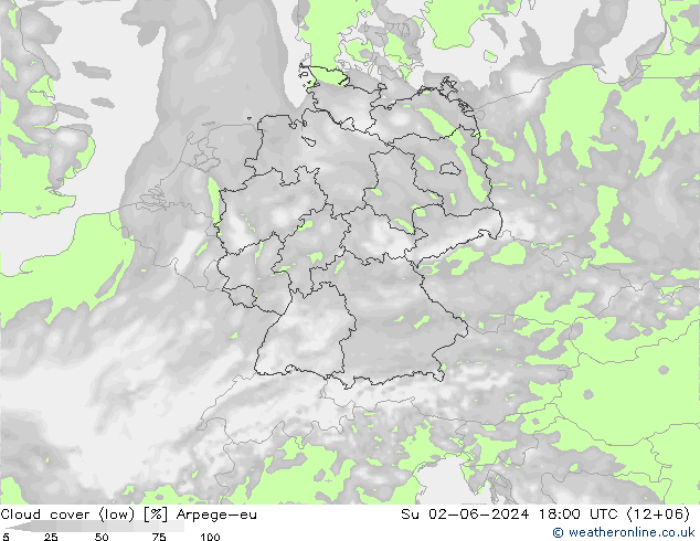 Cloud cover (low) Arpege-eu Su 02.06.2024 18 UTC