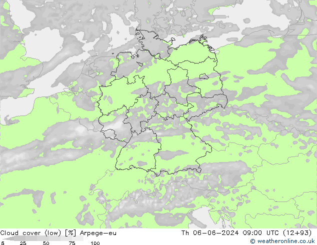 Cloud cover (low) Arpege-eu Th 06.06.2024 09 UTC