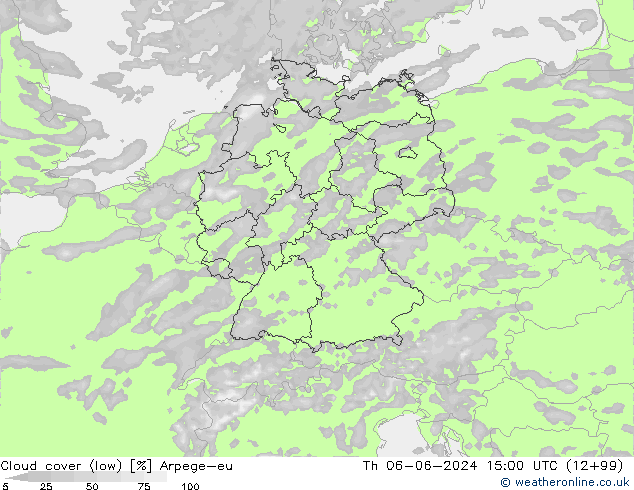 Cloud cover (low) Arpege-eu Th 06.06.2024 15 UTC