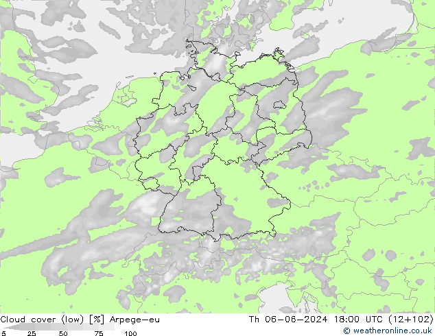 Cloud cover (low) Arpege-eu Th 06.06.2024 18 UTC