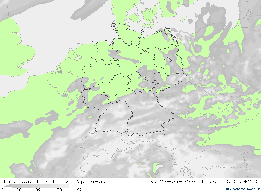 Cloud cover (middle) Arpege-eu Su 02.06.2024 18 UTC