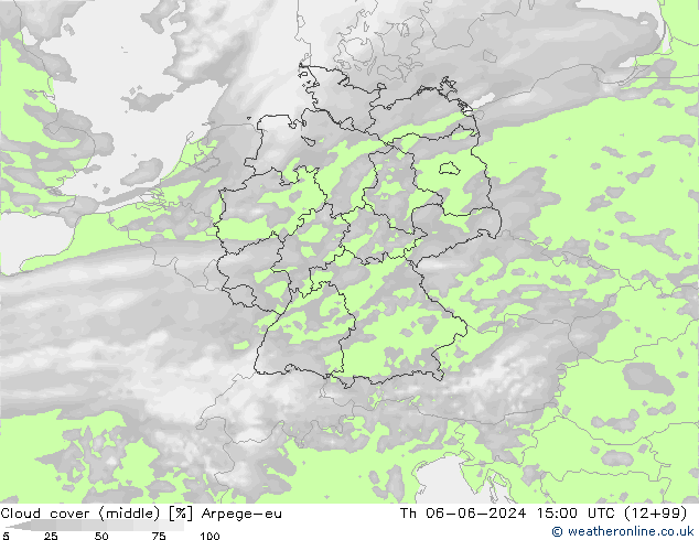 Cloud cover (middle) Arpege-eu Th 06.06.2024 15 UTC