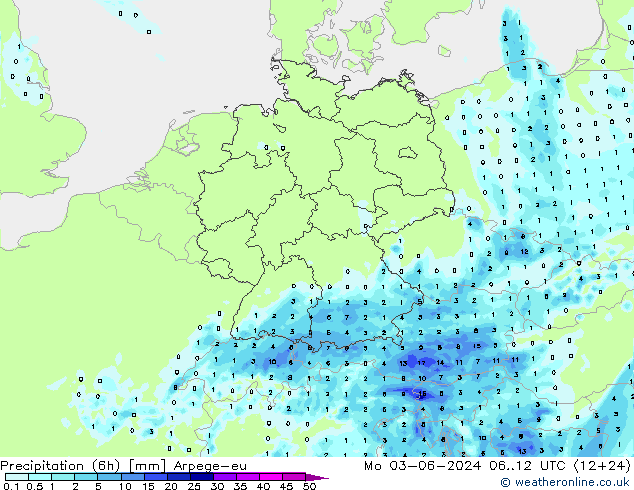 降水量 (6h) Arpege-eu 星期一 03.06.2024 12 UTC