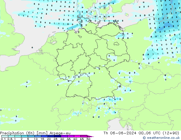 Precipitation (6h) Arpege-eu Čt 06.06.2024 06 UTC