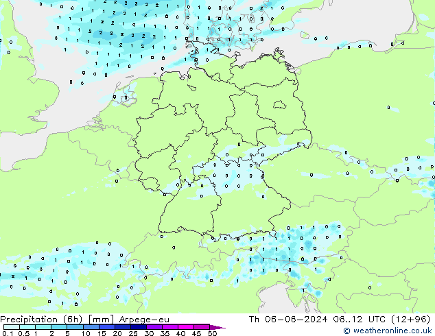 Precipitation (6h) Arpege-eu Th 06.06.2024 12 UTC