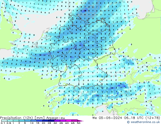 Précipitation (12h) Arpege-eu mer 05.06.2024 18 UTC