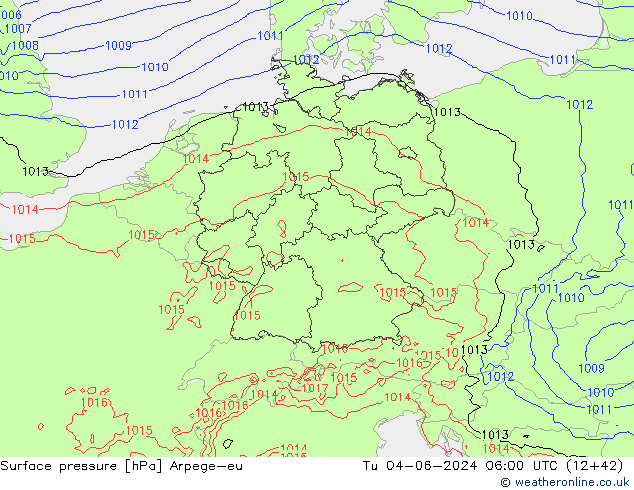 Surface pressure Arpege-eu Tu 04.06.2024 06 UTC