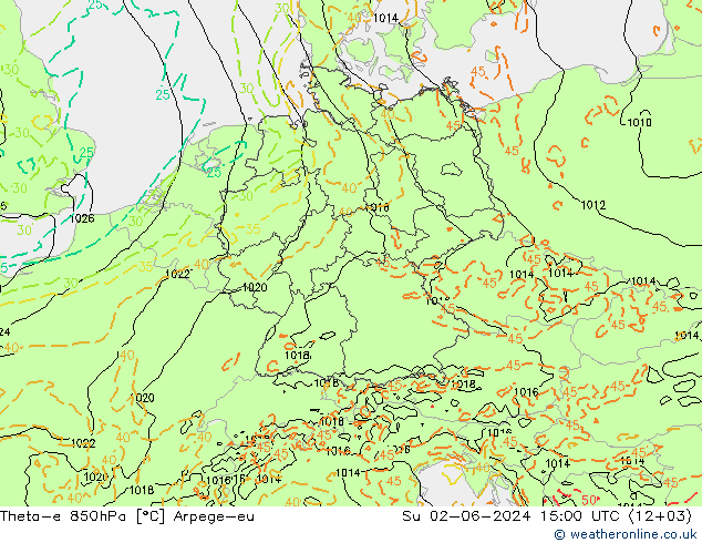 Theta-e 850hPa Arpege-eu Su 02.06.2024 15 UTC