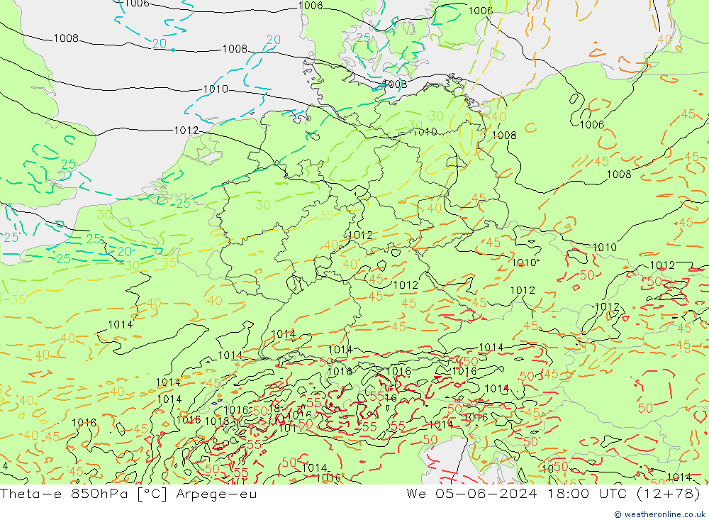 Theta-e 850hPa Arpege-eu Çar 05.06.2024 18 UTC