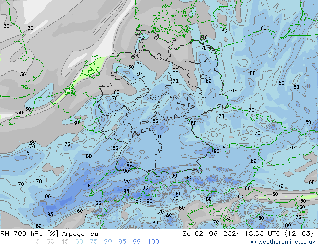 Humedad rel. 700hPa Arpege-eu dom 02.06.2024 15 UTC