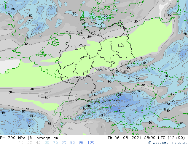 Humedad rel. 700hPa Arpege-eu jue 06.06.2024 06 UTC