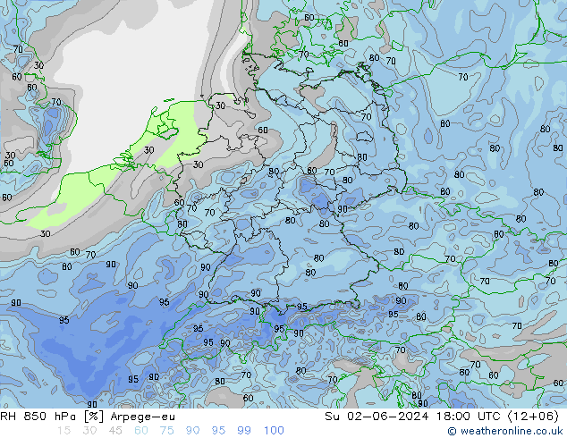 RH 850 гПа Arpege-eu Вс 02.06.2024 18 UTC