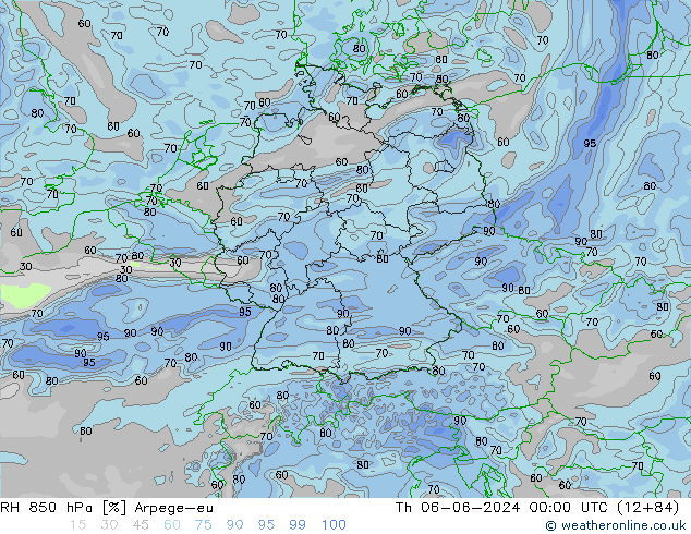 Humidité rel. 850 hPa Arpege-eu jeu 06.06.2024 00 UTC