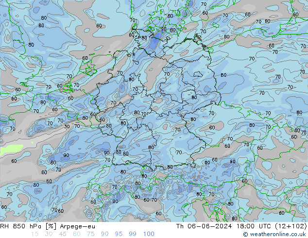 RH 850 hPa Arpege-eu Qui 06.06.2024 18 UTC