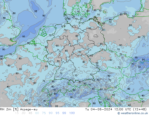 RH 2m Arpege-eu Tu 04.06.2024 12 UTC