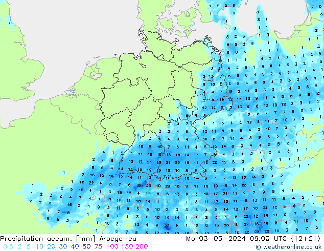 Precipitation accum. Arpege-eu Mo 03.06.2024 09 UTC