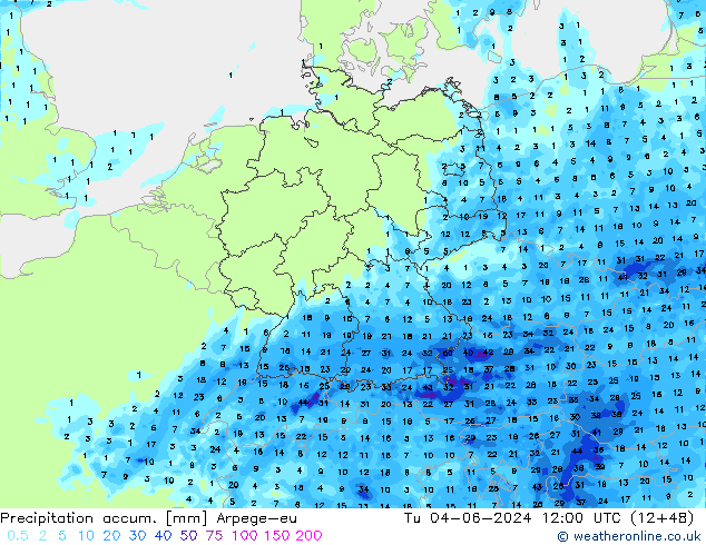 Precipitation accum. Arpege-eu Tu 04.06.2024 12 UTC