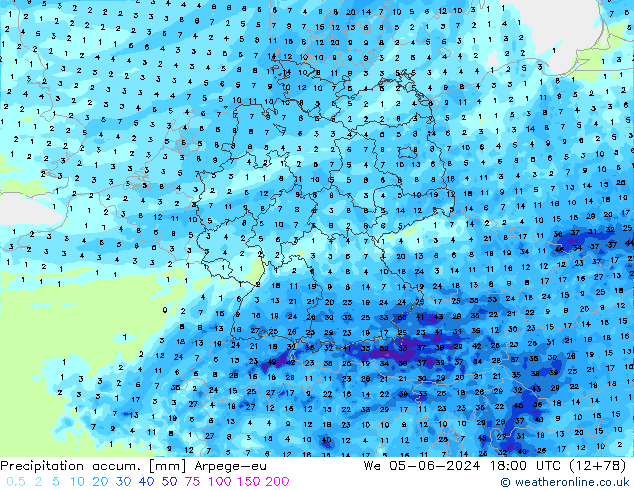 Precipitation accum. Arpege-eu  05.06.2024 18 UTC