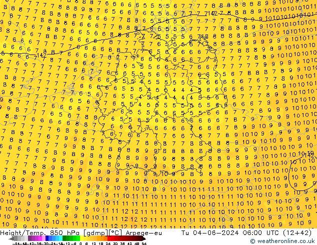 Height/Temp. 850 hPa Arpege-eu Di 04.06.2024 06 UTC