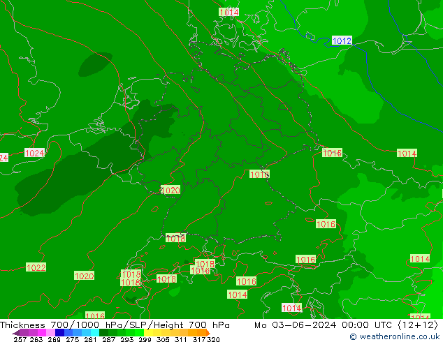 Thck 700-1000 hPa Arpege-eu Seg 03.06.2024 00 UTC