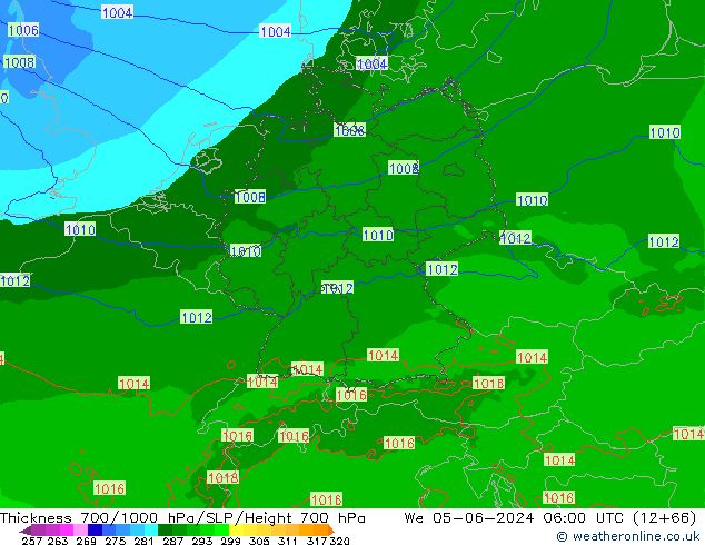 Thck 700-1000 hPa Arpege-eu We 05.06.2024 06 UTC