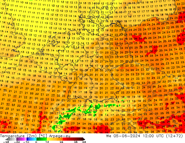 Temperatuurkaart (2m) Arpege-eu wo 05.06.2024 12 UTC