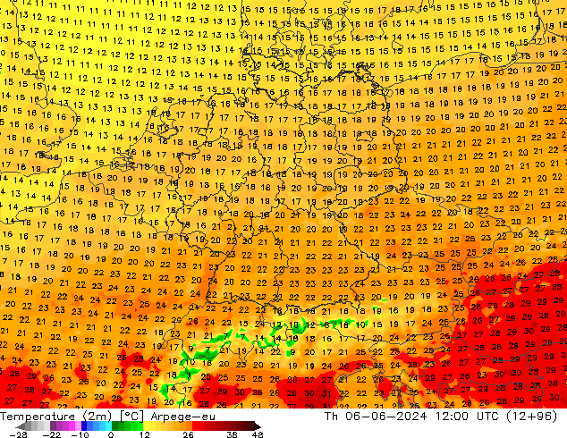 mapa temperatury (2m) Arpege-eu czw. 06.06.2024 12 UTC