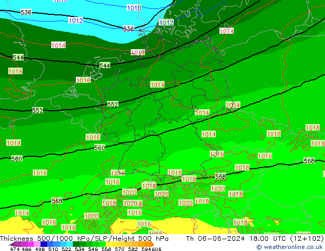 Espesor 500-1000 hPa Arpege-eu jue 06.06.2024 18 UTC