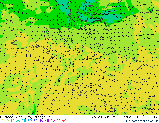 Surface wind Arpege-eu Mo 03.06.2024 09 UTC