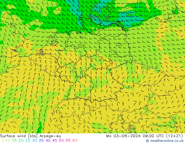 Wind 10 m Arpege-eu ma 03.06.2024 09 UTC