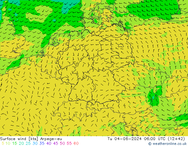 Surface wind Arpege-eu Tu 04.06.2024 06 UTC