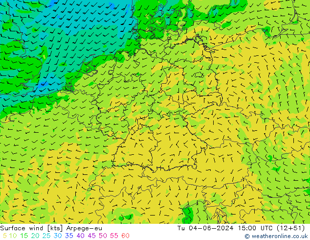 Surface wind Arpege-eu Út 04.06.2024 15 UTC