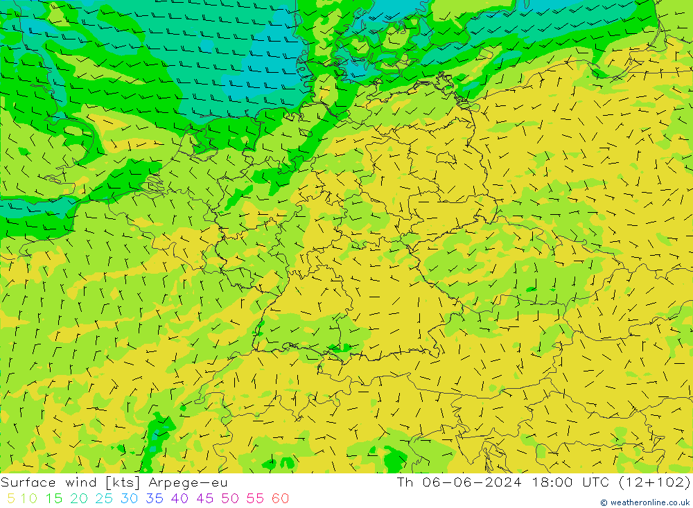 Vento 10 m Arpege-eu gio 06.06.2024 18 UTC