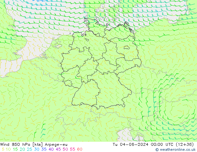 Wind 850 hPa Arpege-eu Tu 04.06.2024 00 UTC