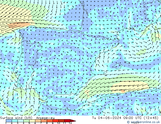 Wind 10 m (bft) Arpege-eu di 04.06.2024 09 UTC