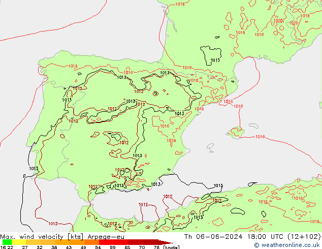 Max. wind velocity Arpege-eu Čt 06.06.2024 18 UTC