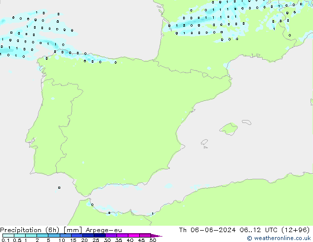 Precipitation (6h) Arpege-eu Čt 06.06.2024 12 UTC
