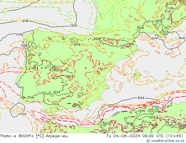 Theta-e 850hPa Arpege-eu Út 04.06.2024 09 UTC