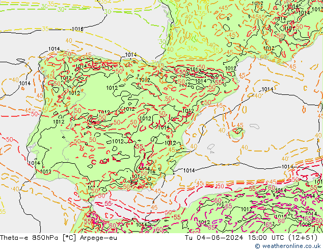 Theta-e 850hPa Arpege-eu Tu 04.06.2024 15 UTC