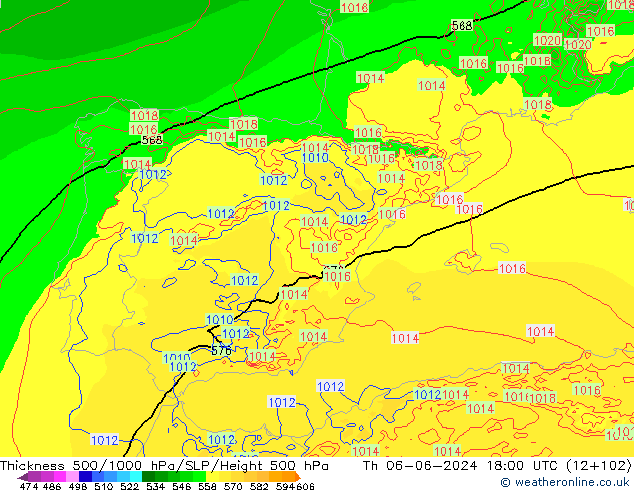 Espesor 500-1000 hPa Arpege-eu jue 06.06.2024 18 UTC