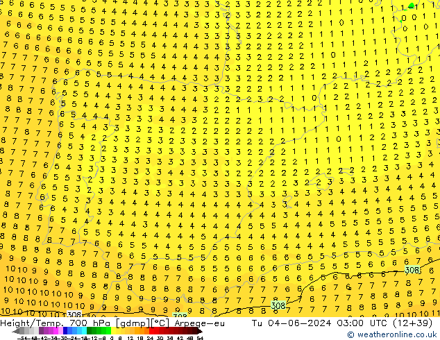 Hoogte/Temp. 700 hPa Arpege-eu di 04.06.2024 03 UTC