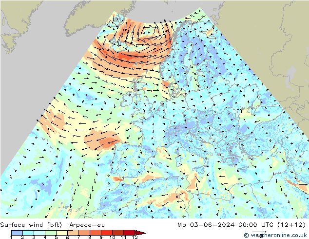  10 m (bft) Arpege-eu  03.06.2024 00 UTC