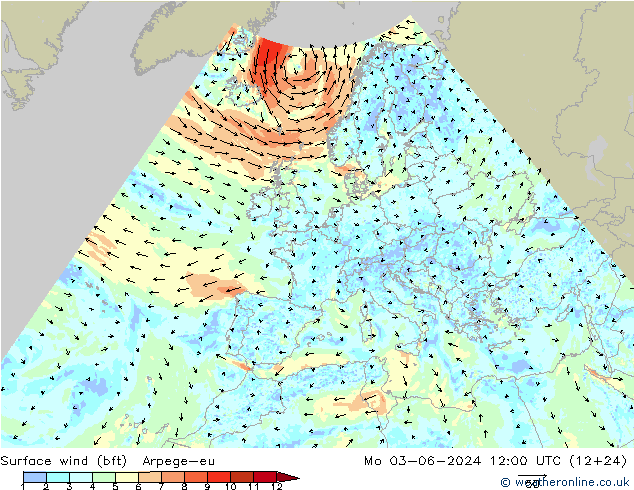 Surface wind (bft) Arpege-eu Mo 03.06.2024 12 UTC