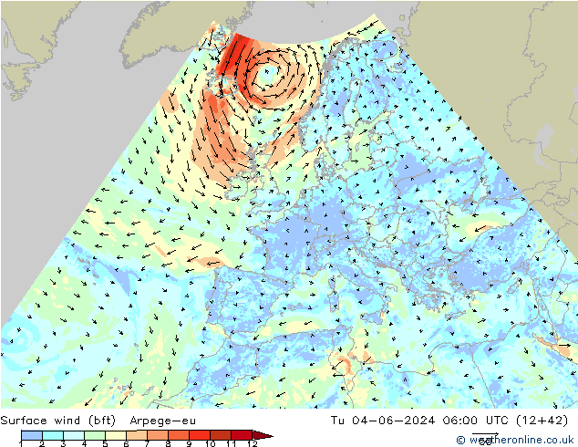 Rüzgar 10 m (bft) Arpege-eu Sa 04.06.2024 06 UTC