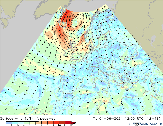 Surface wind (bft) Arpege-eu Tu 04.06.2024 12 UTC