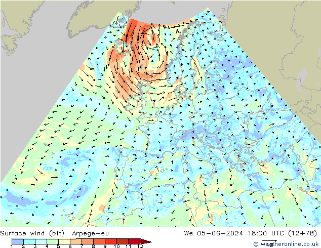 Vento 10 m (bft) Arpege-eu mer 05.06.2024 18 UTC